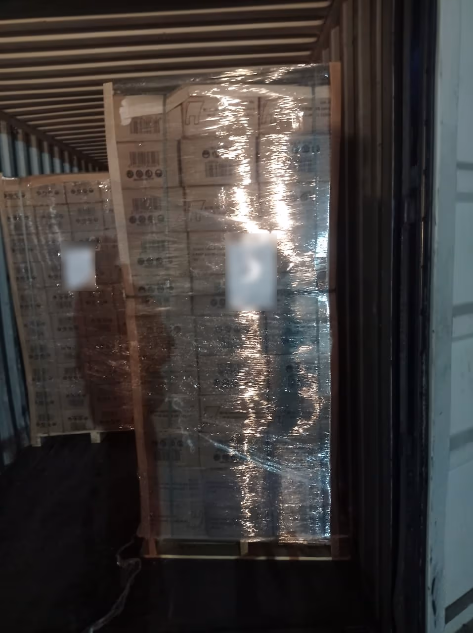 Wrapped carton pallets staged inside a shipping container at New Elhuda Plast
